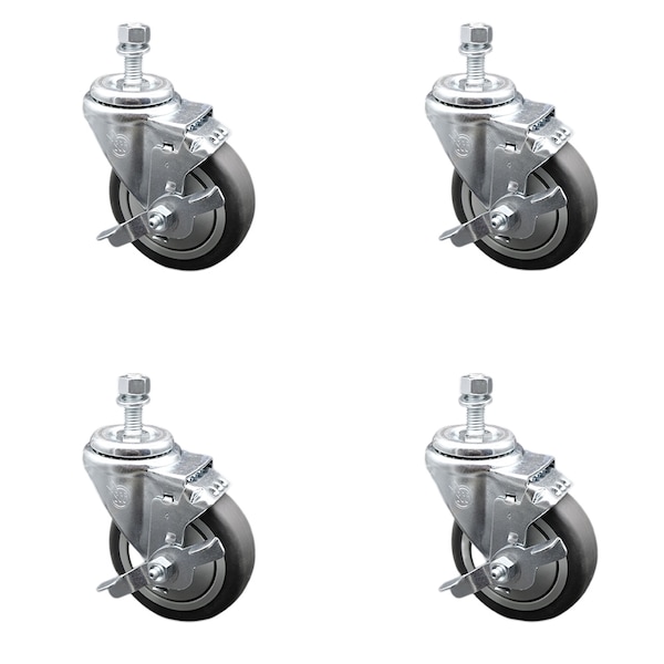 Service Caster 4 Inch SS Thermoplastic Rubber Swivel 1/2 Inch Threaded Stem Caster Set Brake SCC SCC-SSTS20S414-TPRB-TLB-381615-4 - main